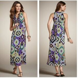 Chico's Chelsea Crinkle Chiffon Maxi Dress Size 3 / XL NEW‎ Purple Ikat Print